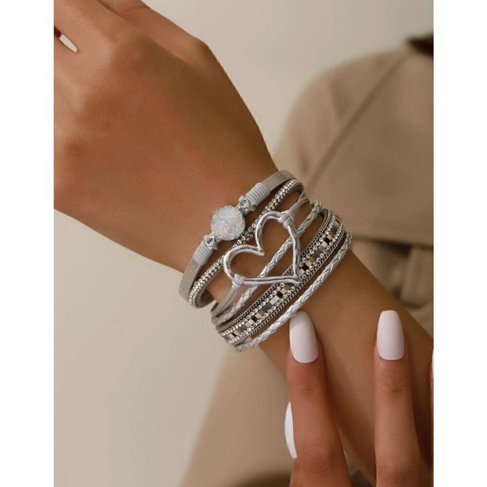 Bohemian Silver Polyurethane Cubic Zirconia & Heart Decor Layered Bracelet